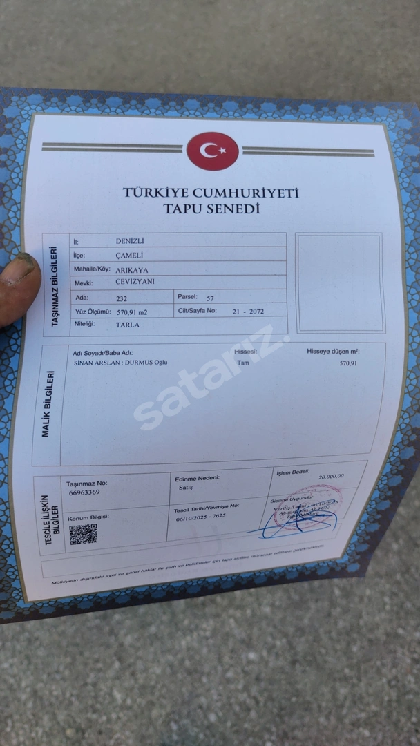 Tek tapulu 570 M2 tarla