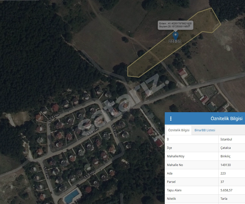 Çatalca Binkılıç 5.658m2 Müstakil Tapulu Yatırımlık Tarla