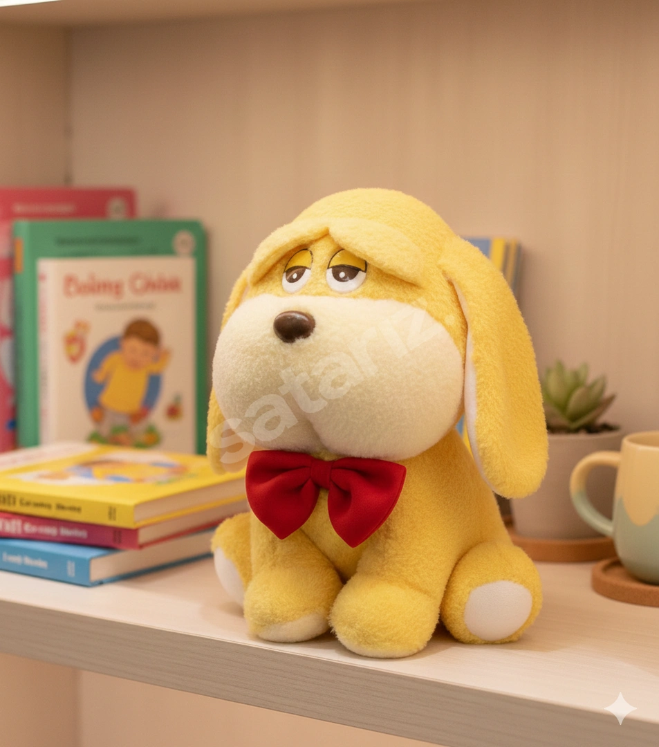 💛 Hüzünlü Bakışlı Kırmızı Fiyonklu Köpek Peluş