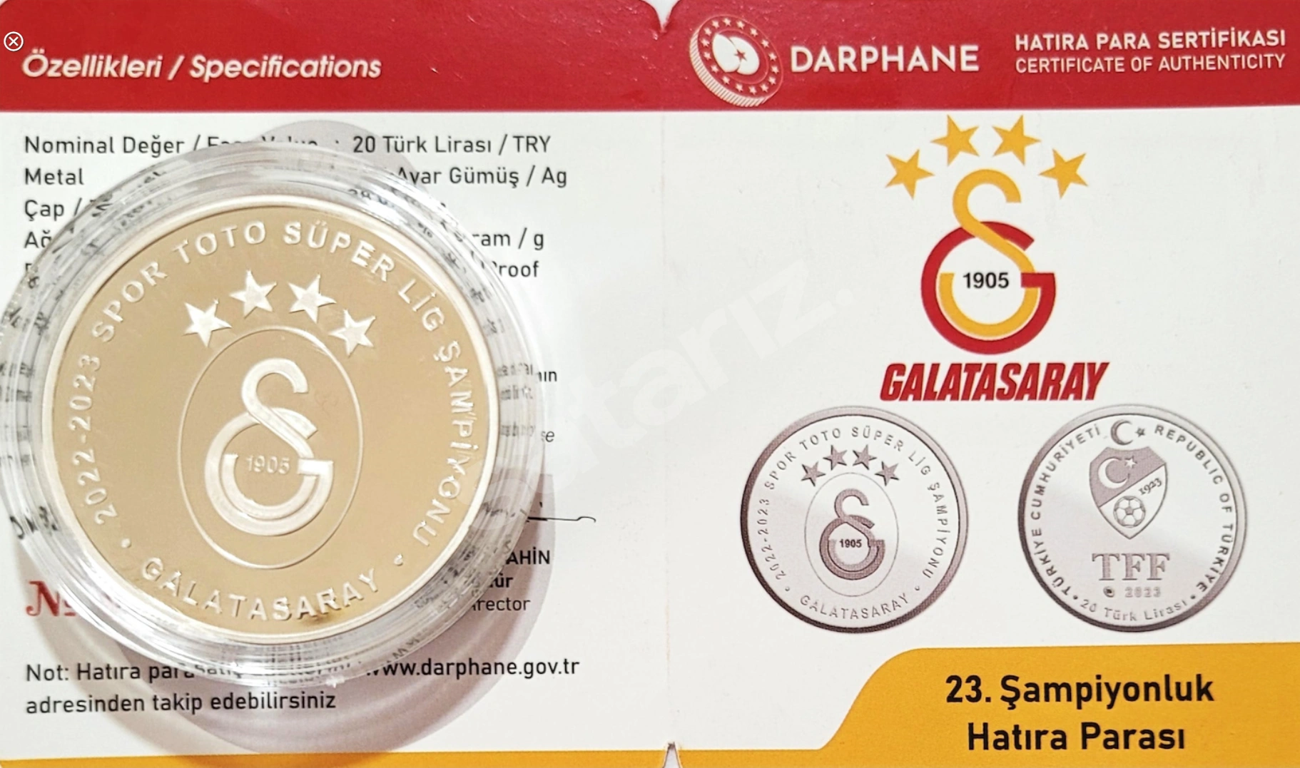 2022-2023 GALATASARAY 23. ŞAMPİYONLUK 925 AYAR GÜMÜŞ HATIRA PARASI / SERTİFİKALI