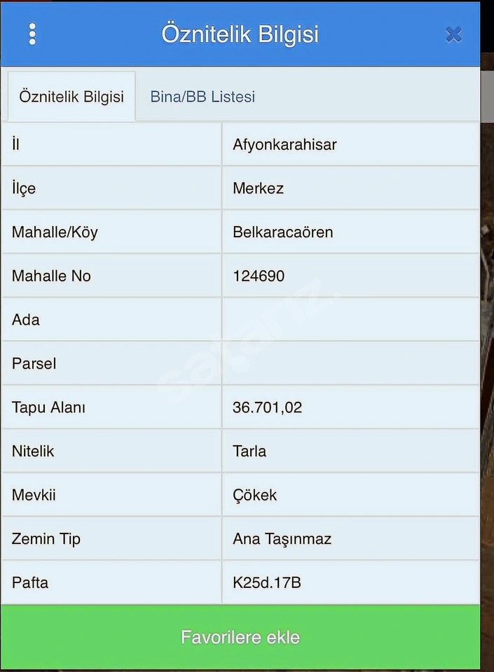 AFYONKARAHİSAR MERKEZ BELKARACAÖREN SATILIK ARAZİ