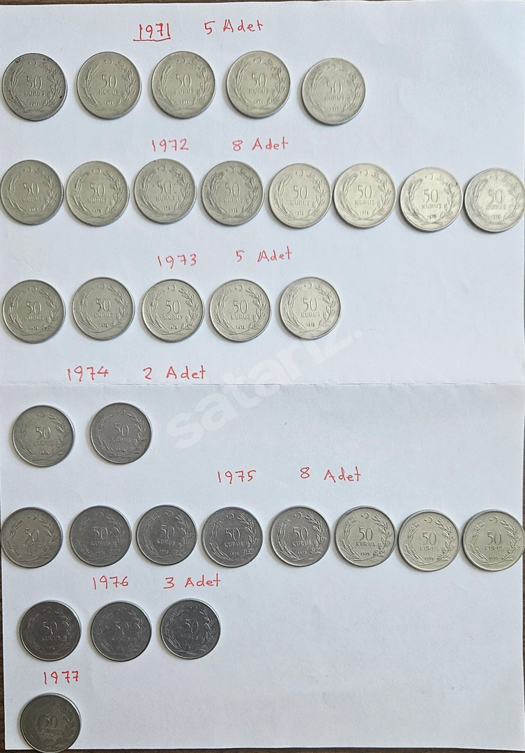 MADENİ 50 KURUŞ 32 ADET 1971-1977 TARİHLİ