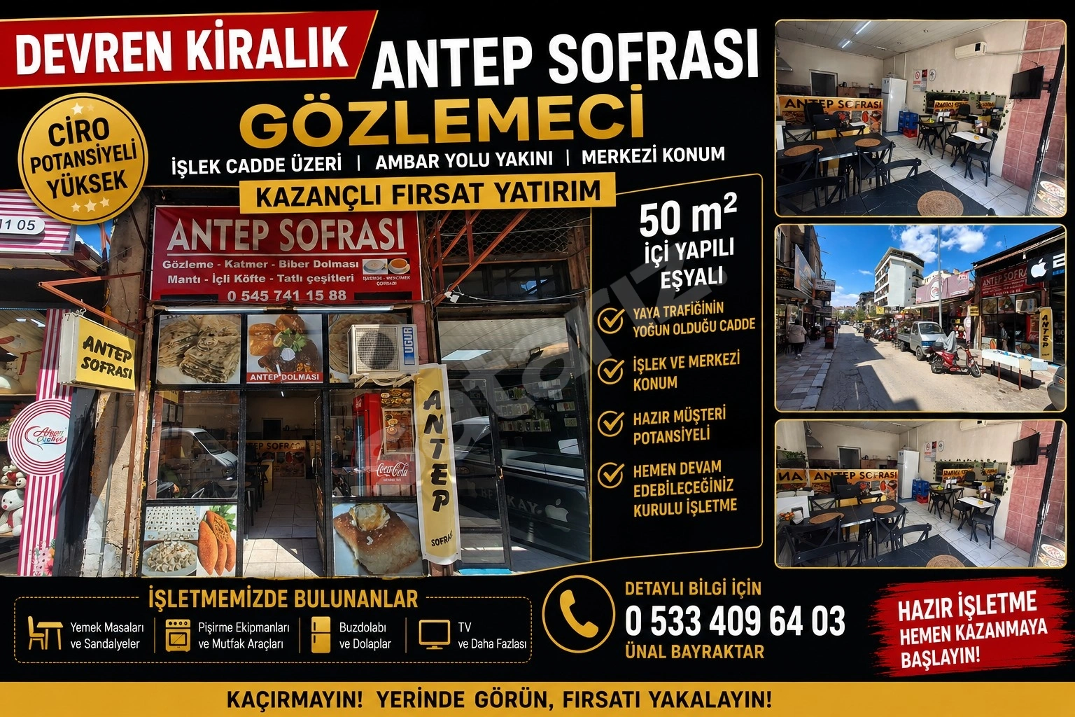 Ambar Yolu Yakın Devren Kiralık Gözlemeci 50m² İşlek Cadde Üzeri