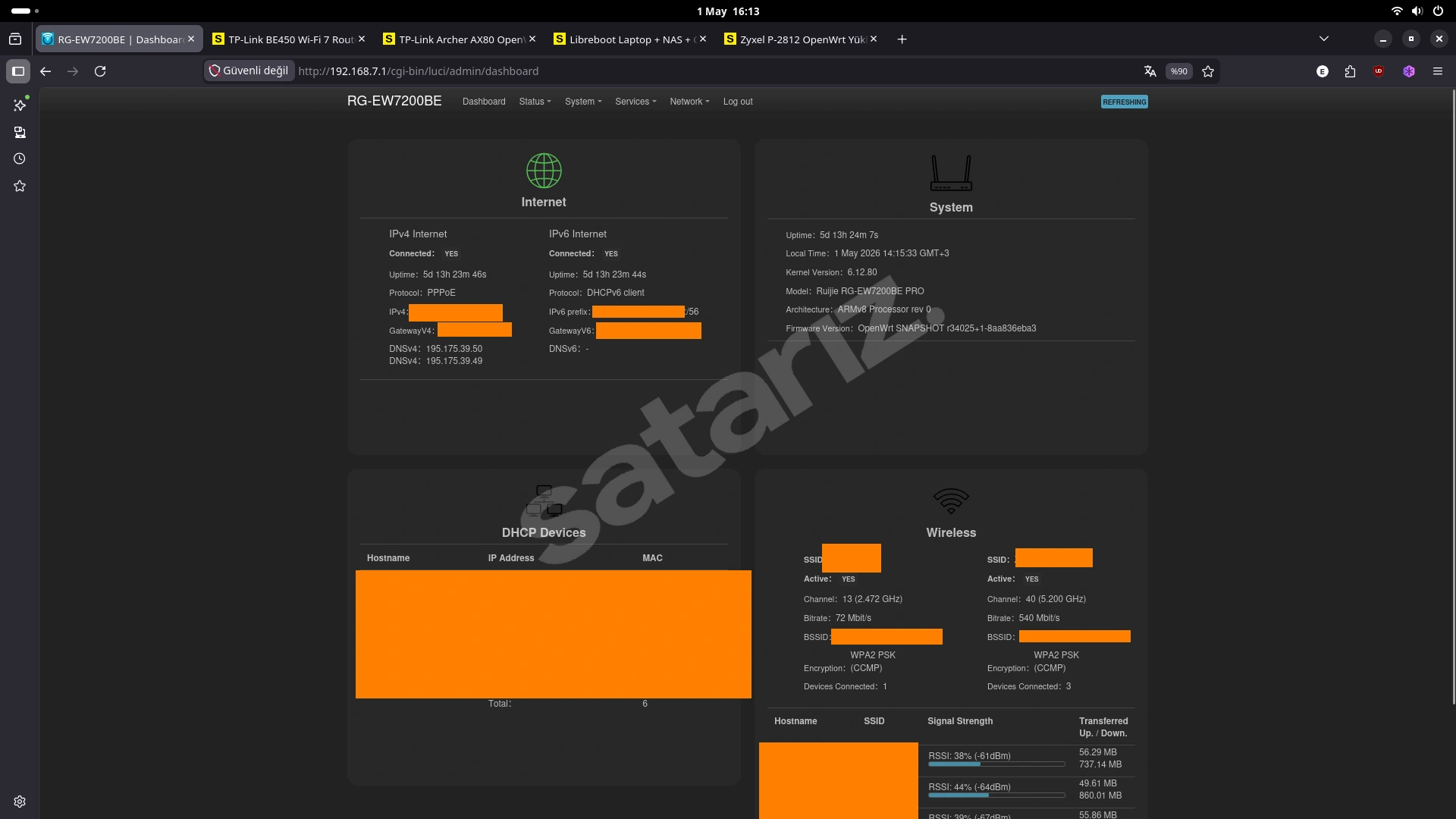 OpenWrt yüklü Ruijie Reyee RG-EW7200BE PRO Wi-Fi 7 9 port Router