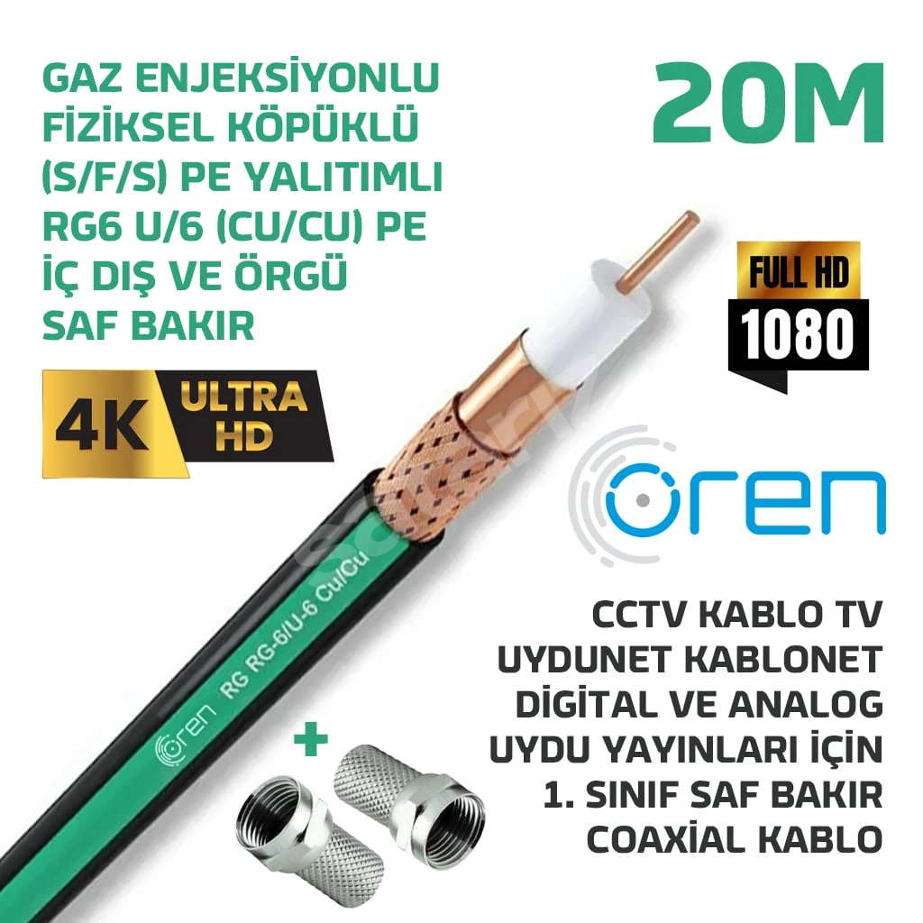 20M Saf Bakır RG6/U CU/CU Uydu TV İnternet CCTV Kablosu